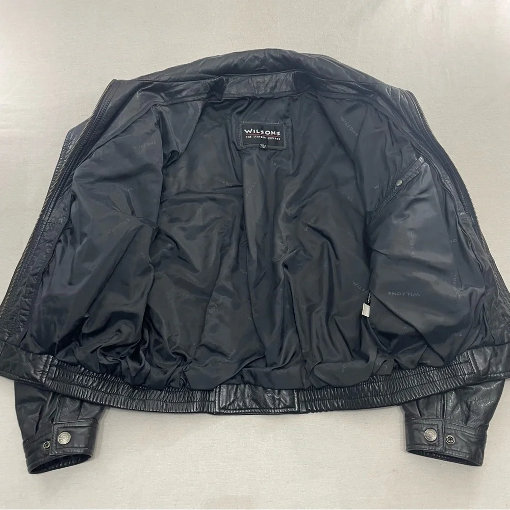 Wilsons Leather Motorcycle Jacket Vintage Black Leather Biker Bomber Jacket XL - Picture 9 of 15